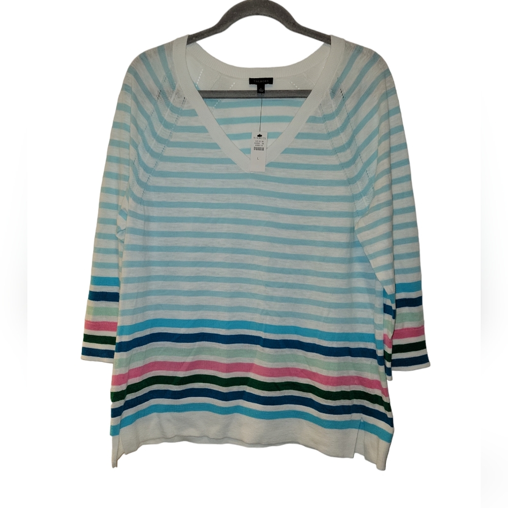 Talbots, NWT, V-Neck Pullover, Paradise Stripe, Three- Quarter Sleeves, Women L